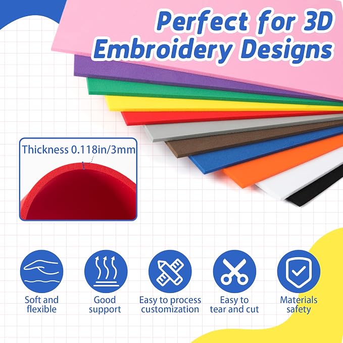 Funria 24Pcs 3mm Embroidery Foam 6" x 9" Puffy Foam