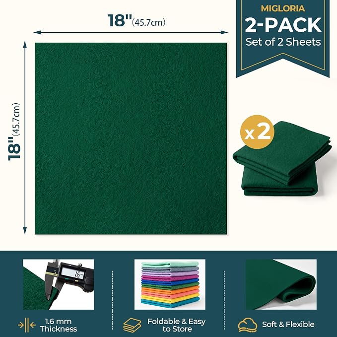 Felt Fabric Sheet 18 x 18 Inch, 1.6mm Thick | Soft and Flexible Nonwoven