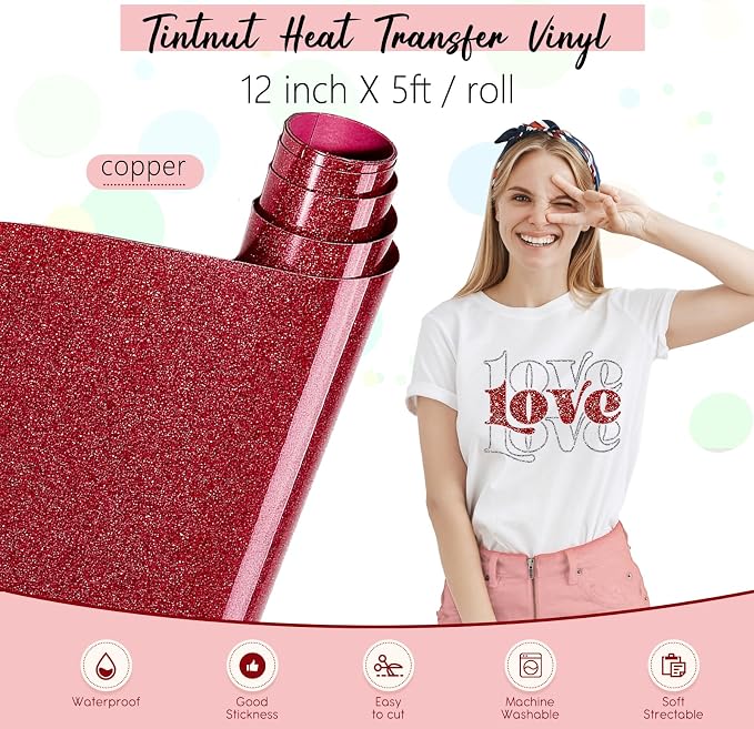 Tintnut Red Heat Transfer Vinyl Roll, easy cut & weed, stretch washable