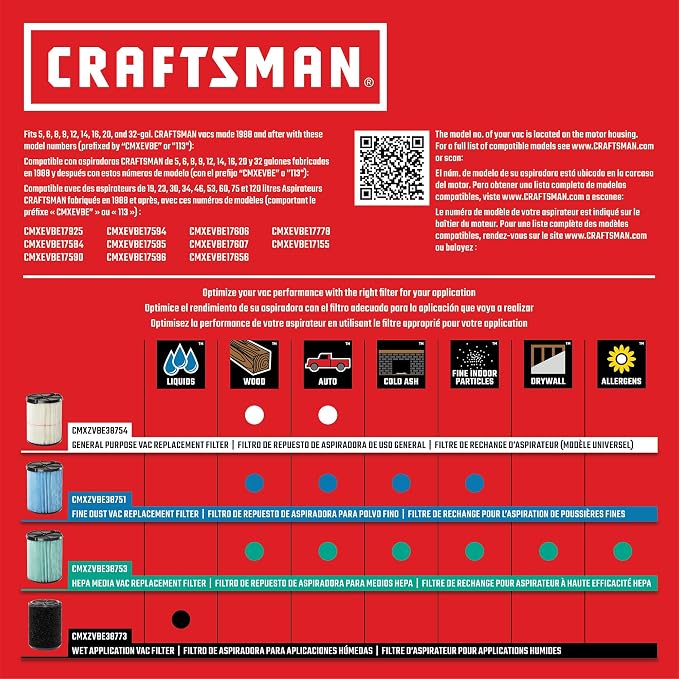 CRAFTSMAN CMXZVBE38773 Genuine 5-20 Gal. Wet Application Wet Dry Vac Filter |
