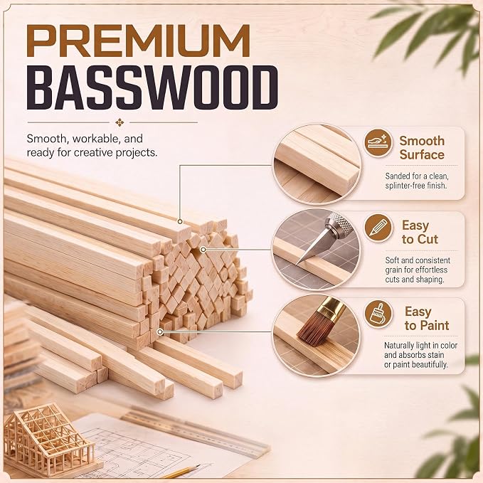 100pcs Basswood Strips 1/8 x 1/8 x 24 Inch Balsa Wood Strips Natural Wood