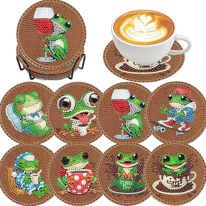 Clendo 8 PCS Coffee Frog Diamond Art Coaster Kits