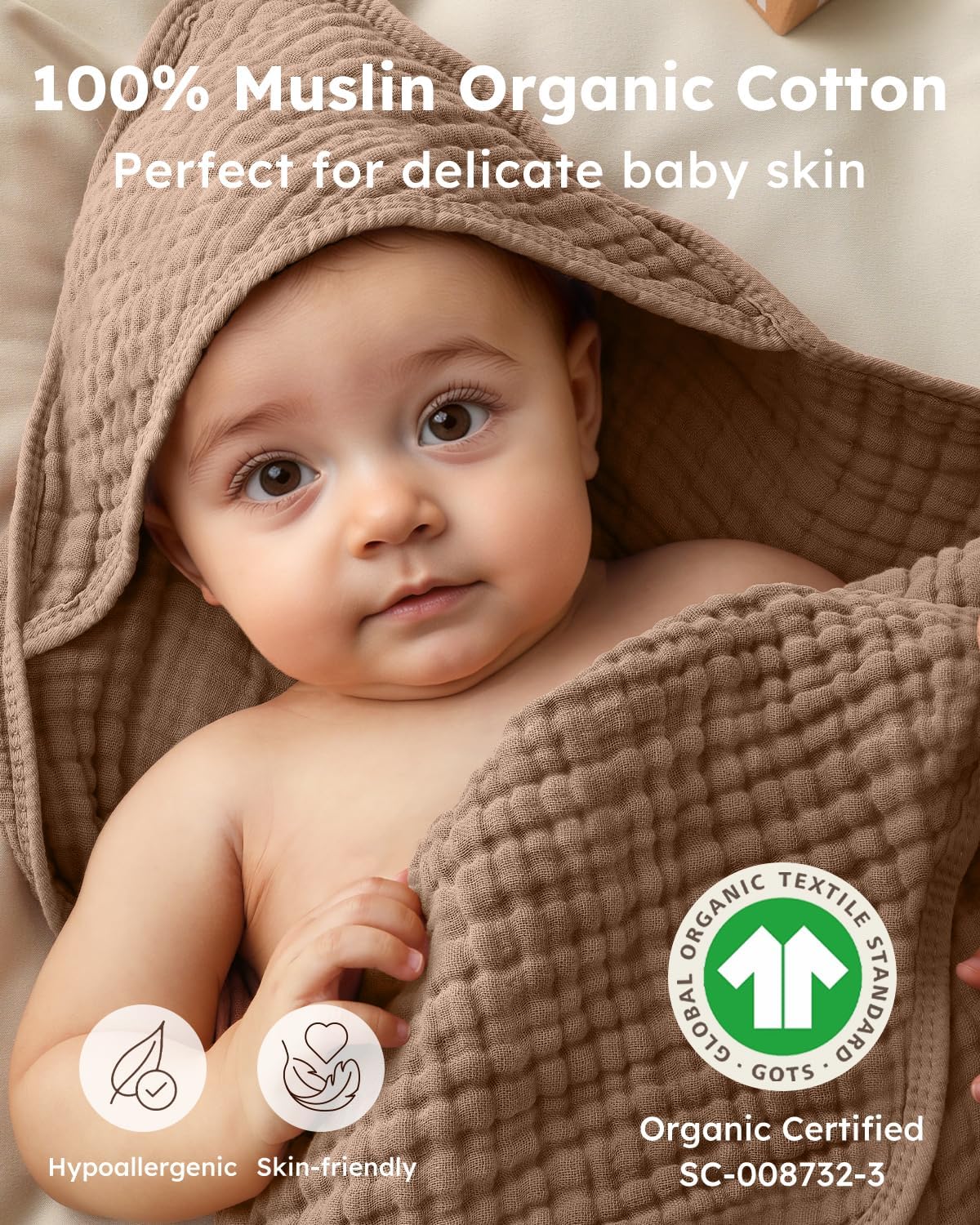 Yoofoss Hooded Baby Towels for Newborn 2 Pack 100% Muslin Organic Cotton Baby Bath Towel with Hood for Babies, Infant, Toddler and Kids, 37.5“x37.5“, Soft and Absorbent Newborn Essential, Beige&Coffee