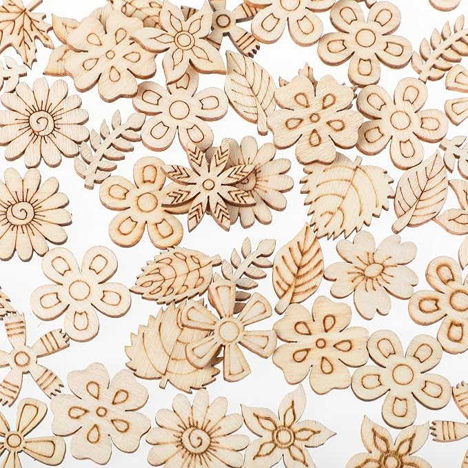 100 Pack Wooden Flower Cutouts for Crafts, 20mm Wood Spring Ornaments to Paint