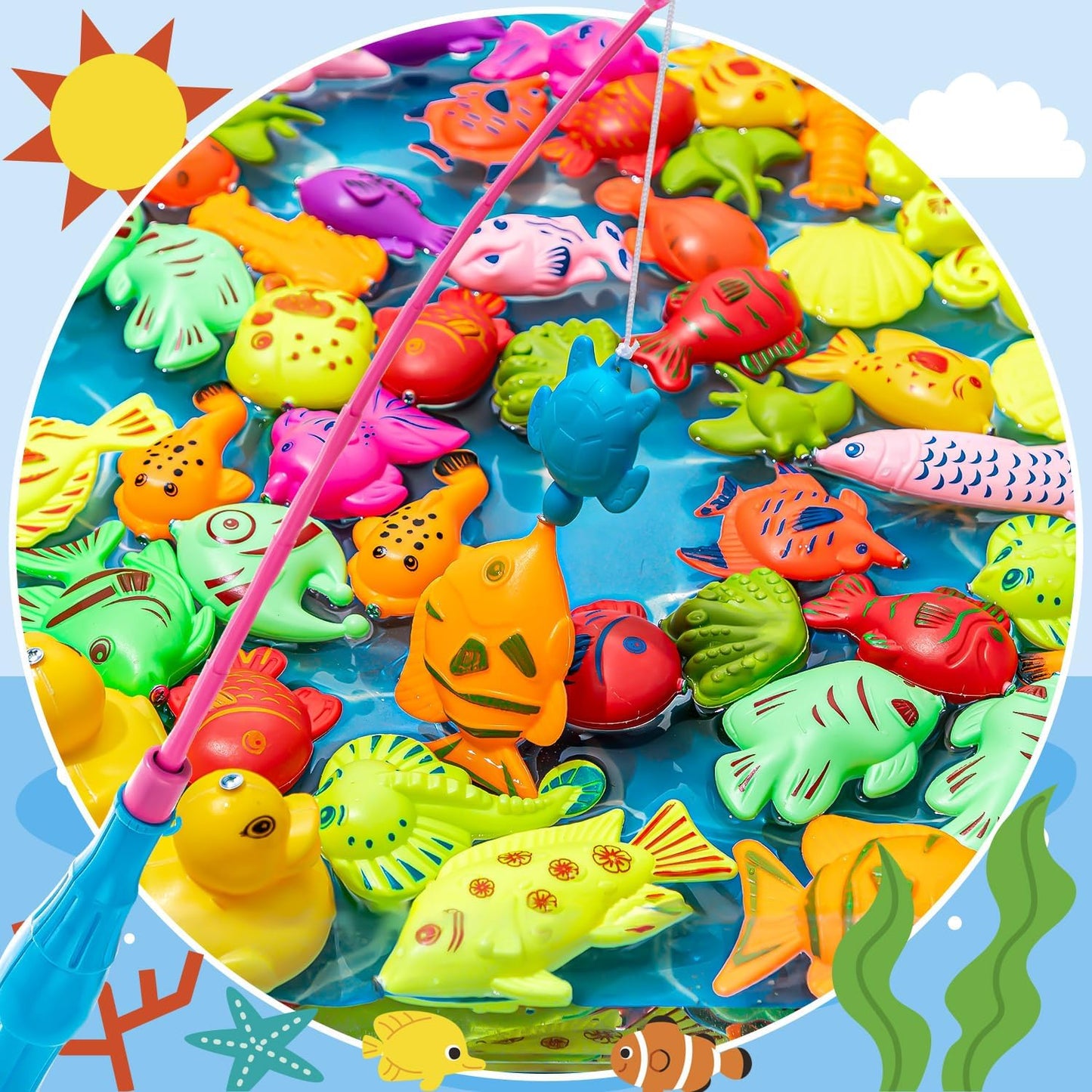 62Pcs Magnetic Fishing Game for Kids, Bathtub Kiddie Party Toy, Plastic Floating Fish with Pole Rod Net, Bath Toys for Kids Ages 4-8