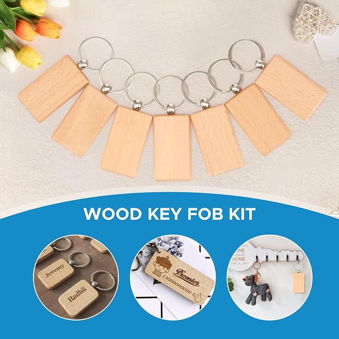 OMTech Wooden Keychain Blanks, Wood Key Chain Bulk, Unfinished Wooden Key Rings