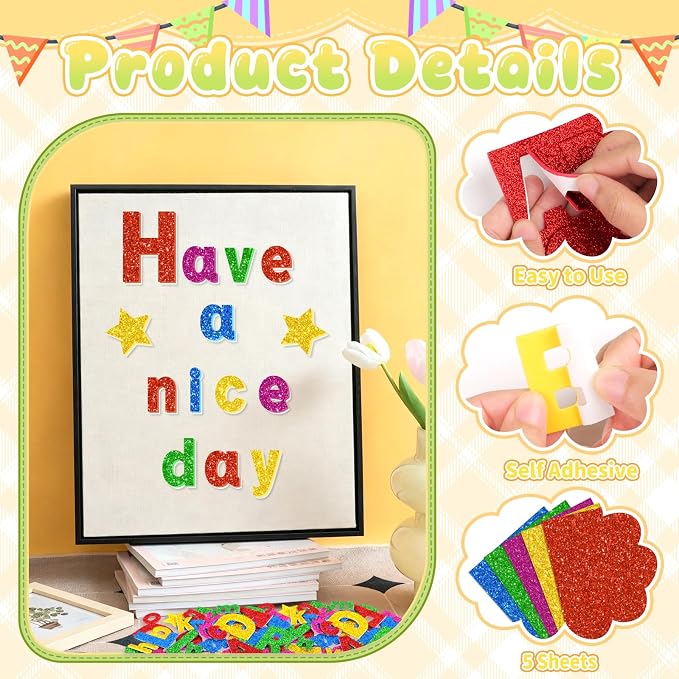 Glitter Foam Letter Stickers 335 Pcs Self-Adhesive Uppercase & Lowercase ABC