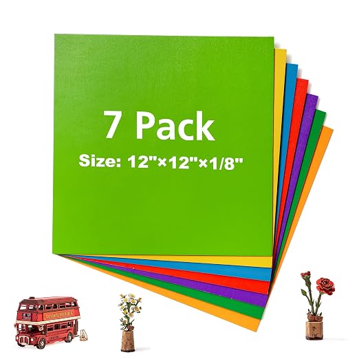 Rowood 7 Pack Rainbow Colored Plywood Sheets, 3mm Multi Thin Unfinished Wood