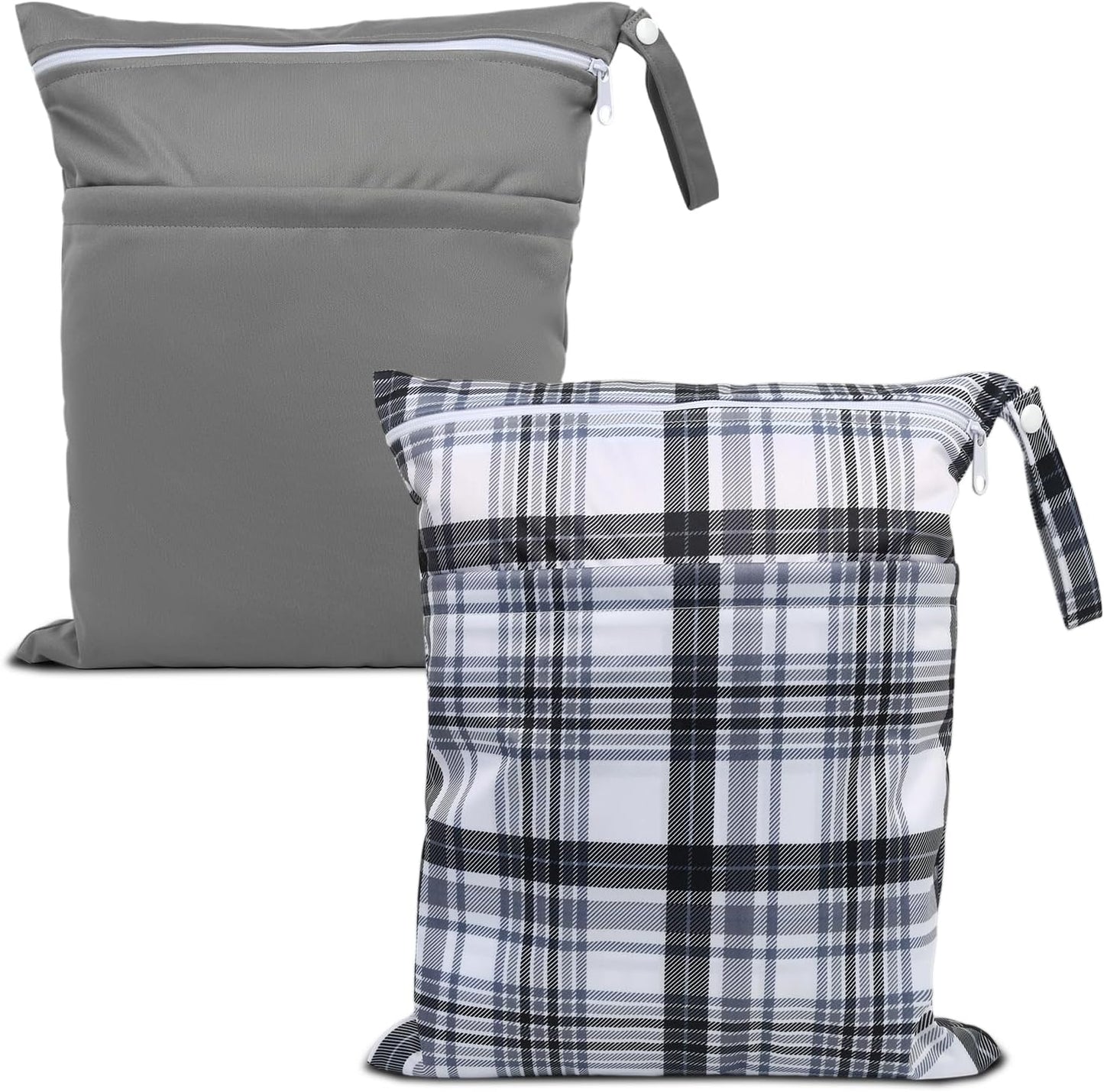 2pcs Cloth Diaper Wet Dry Bags Waterproof Reusable with Two Zippered Pockets Travel Beach Pool Daycare Soiled Baby Items Yoga Gym Bag for Swimsuits or Wet Clothes- Plaid