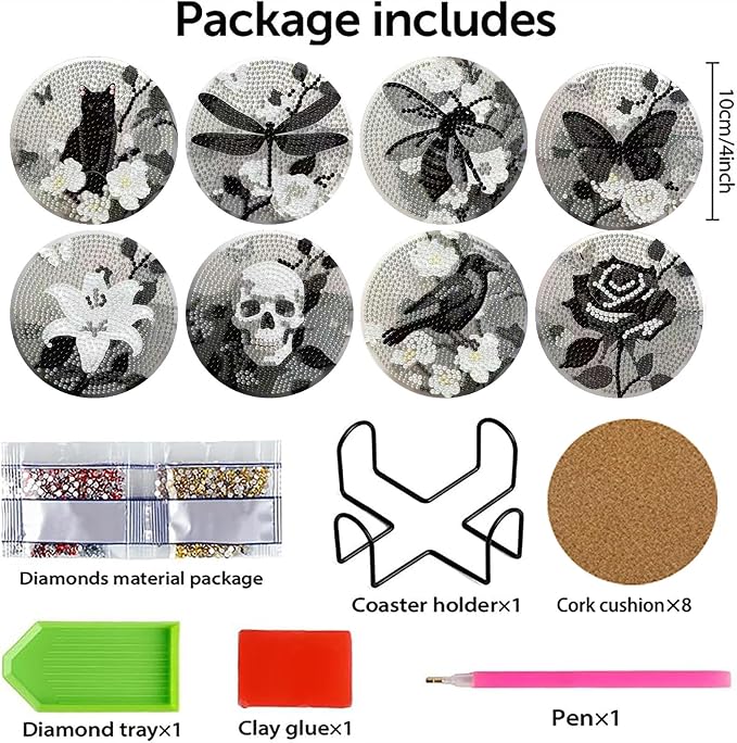 Clendo 8 Pcs Gothic Diamond Art Coasters Kit