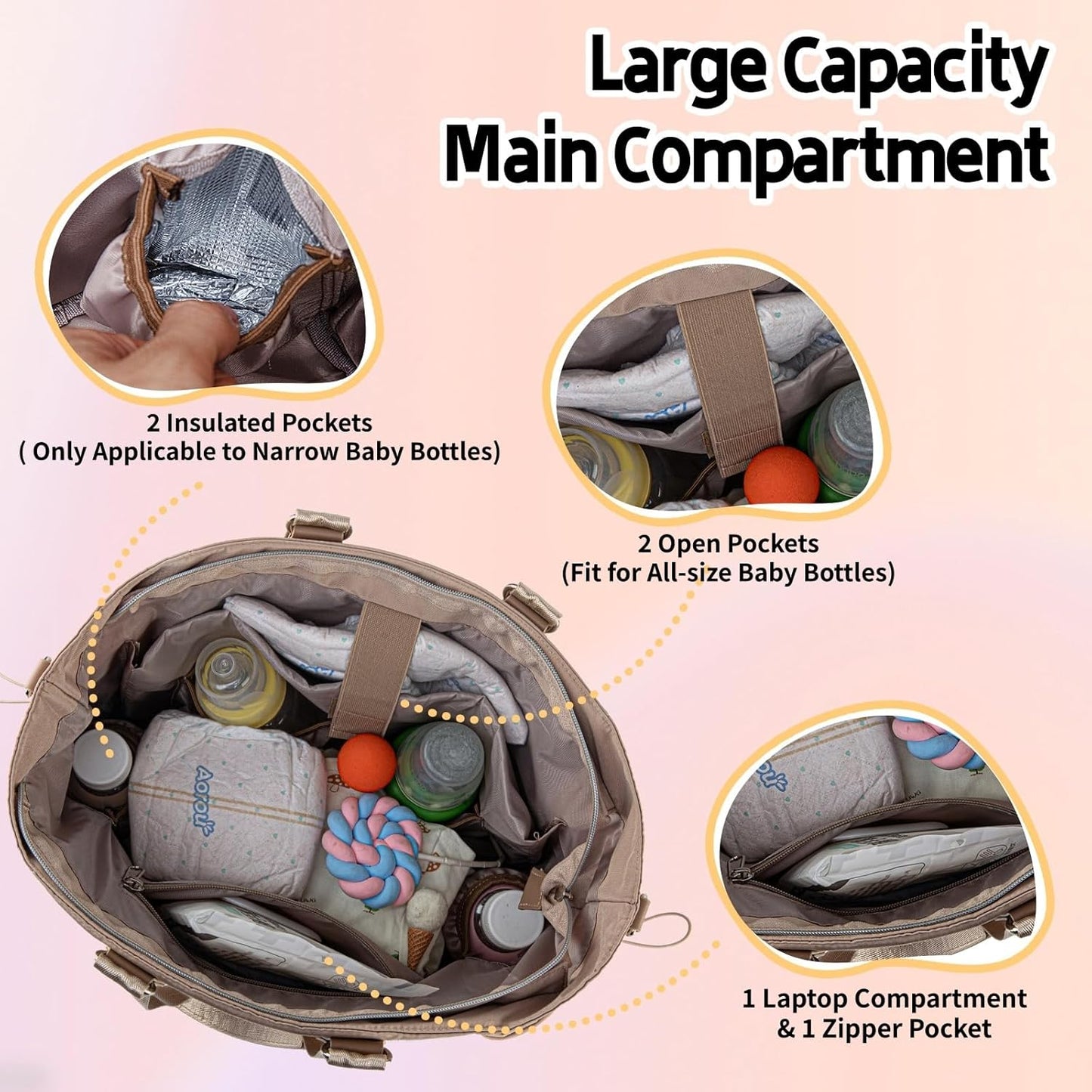 Diaper Bag Tote, Large Tote Baby Diaper Bag with 15.6" Laptop Compartment and Insulated Pockets, Crossbody Hospital Bags