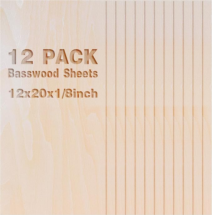 12 Pack Basswood Sheets 1/8x20x12 Inch, Unfinished Wood