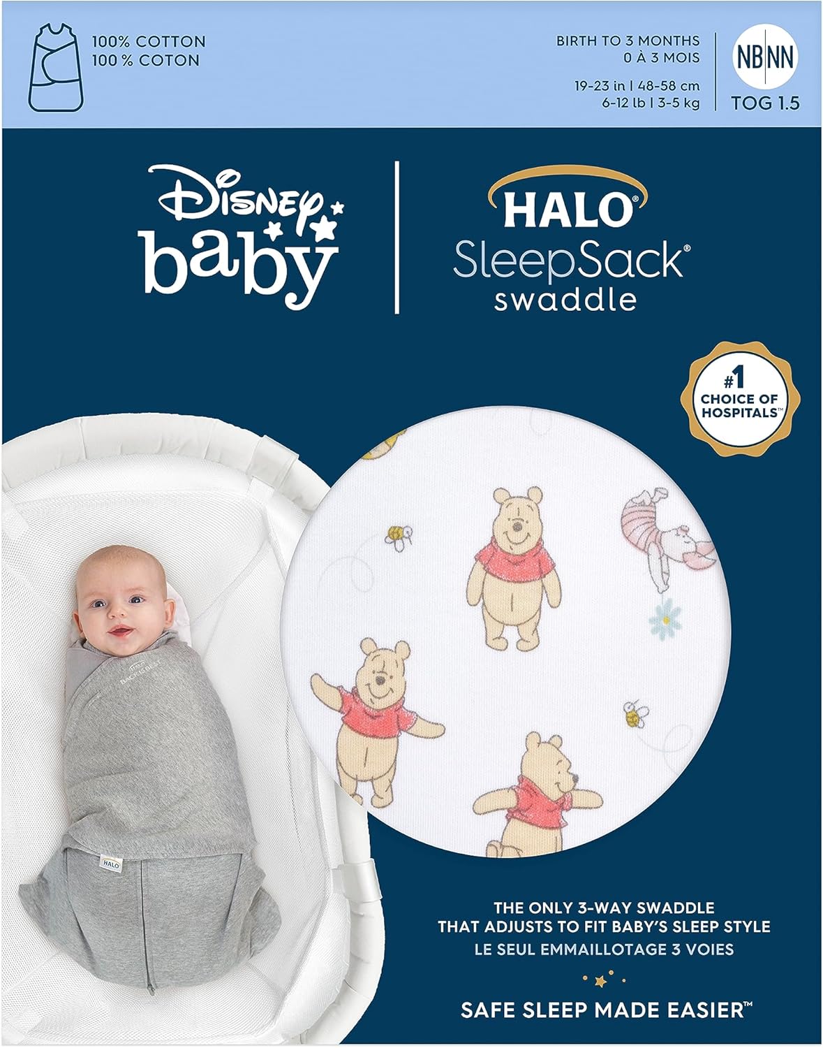 HALO Disney Baby 100% Cotton Sleepsack Swaddle, 3-Way Adjustable Wearable Blanket, TOG 1.5, Winnie Rainbows, Small, 3-6 Months