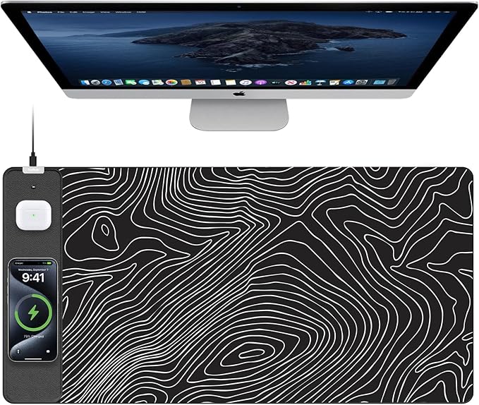 TopMade Mouse Pad with 15W Fast Wireless Charging, 31.5"x15.75" XXL Large Gaming Waterproof Desk Pad with Ultra-Smooth Surface, Non-Slip Base, Computer Desk Mat, Black Topographic Map #1