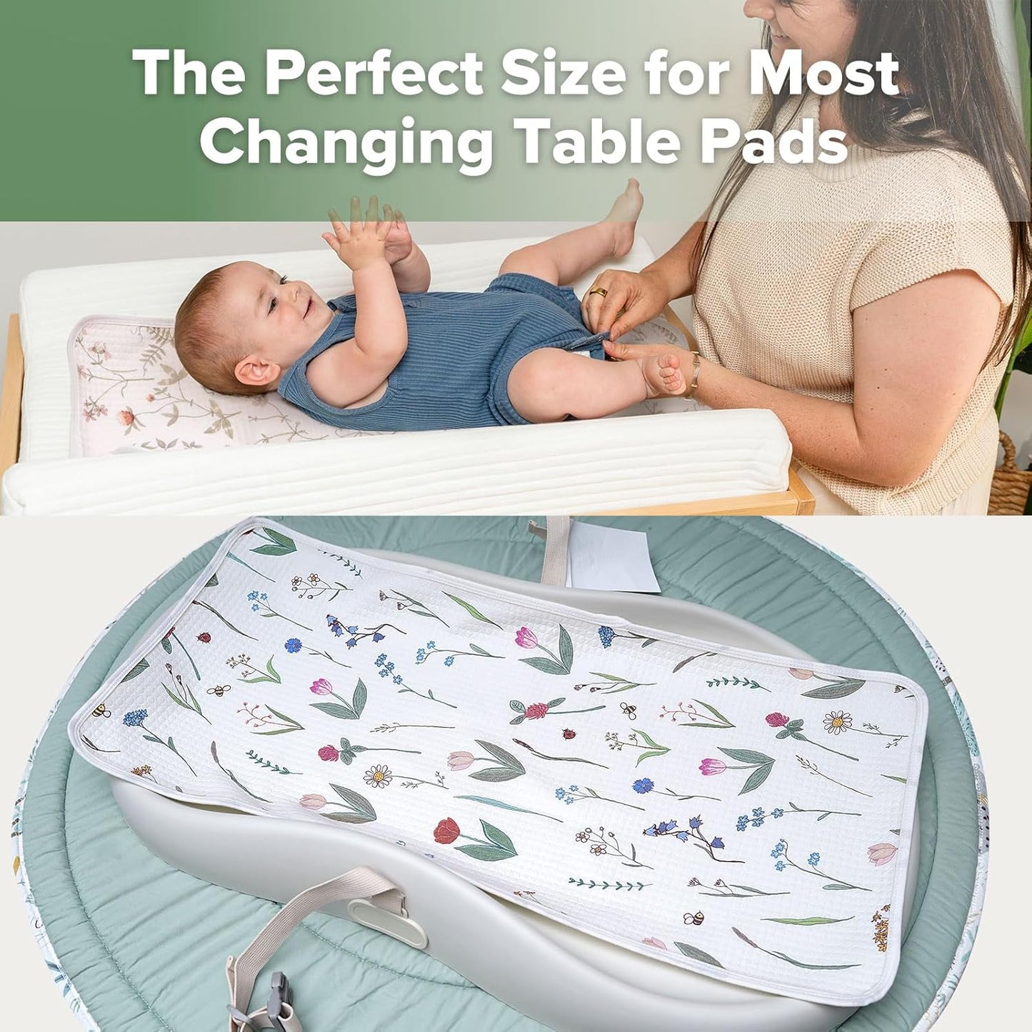 haakaa Waterproof Changing Pad Liners, 100% Cotton, Soft & Breathable (2pcs, 13" x 27.5" Honey Blossom+Vintage Garden)