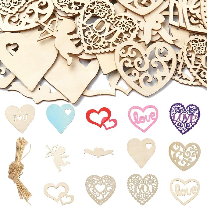 45 pcs Mixed Styles Heart Theme Unfinished Wood Cutout Charms Love Sweet Wood