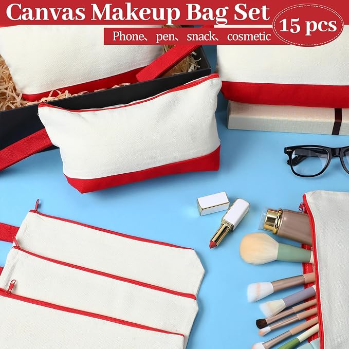 Silkfly 15 Pcs Cotton Canvas Makeup Bags Cosmetic Zipper Bags 10.2 x 5.5 x 2''