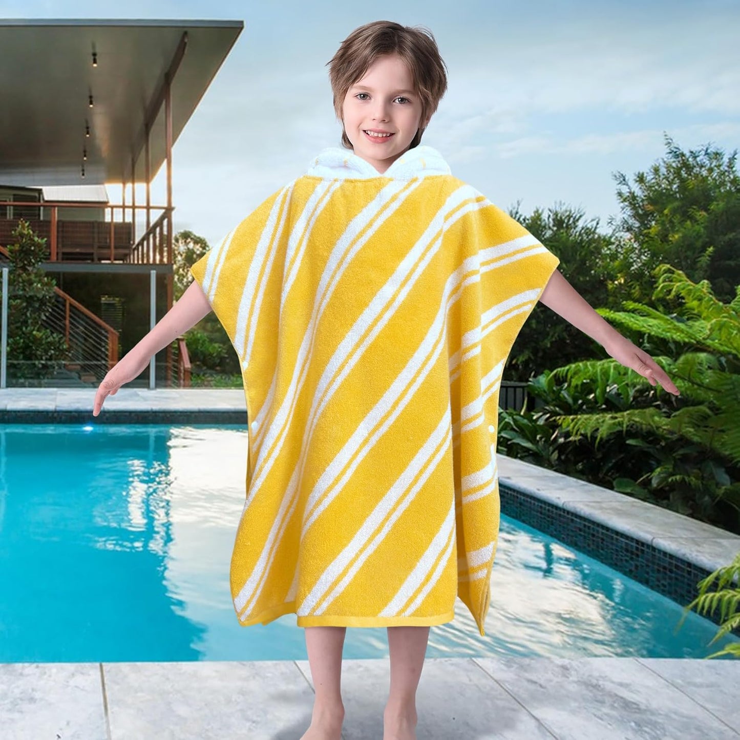 VOOVA & MOVAS Kids Hooded Poncho Towels (4-8Years,27.5"x27.5"),100% Cotton Soft Absorbent Towel for Boys,Perfect for Bathroom | Pool | Beach | Swimming, Jacquard Yellow Stripe