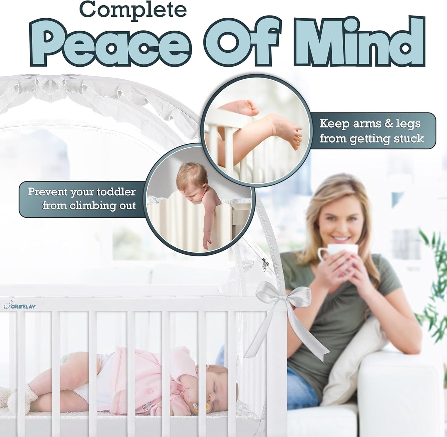 Baby Crib Tent - Toddler Bed Tent w/White Noise Machine, Wide Zipper Opening - Easy Setup Crib Cover w/Glow in The Dark Stickers & Custom Multi Color Light, Breathable Mesh Cribs Net (White)