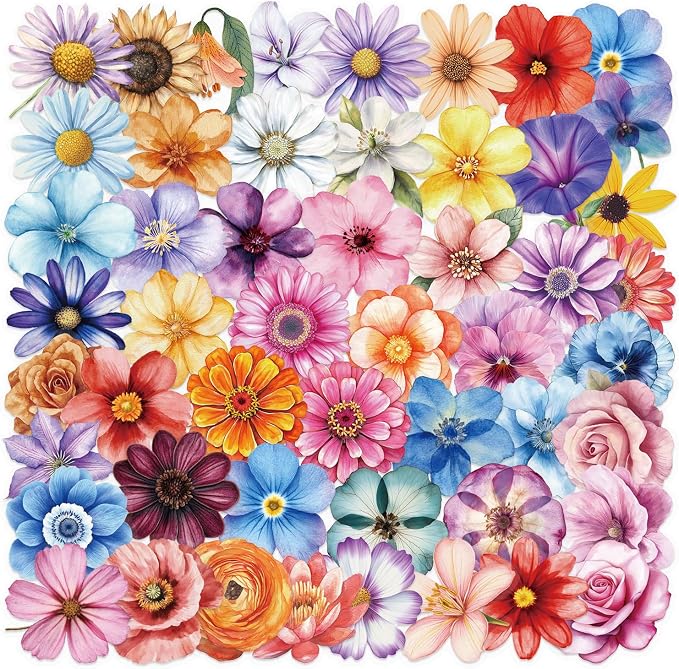 50PCS Transparent Watercolor Flower Stickers, Waterproof PET Floral Decals
