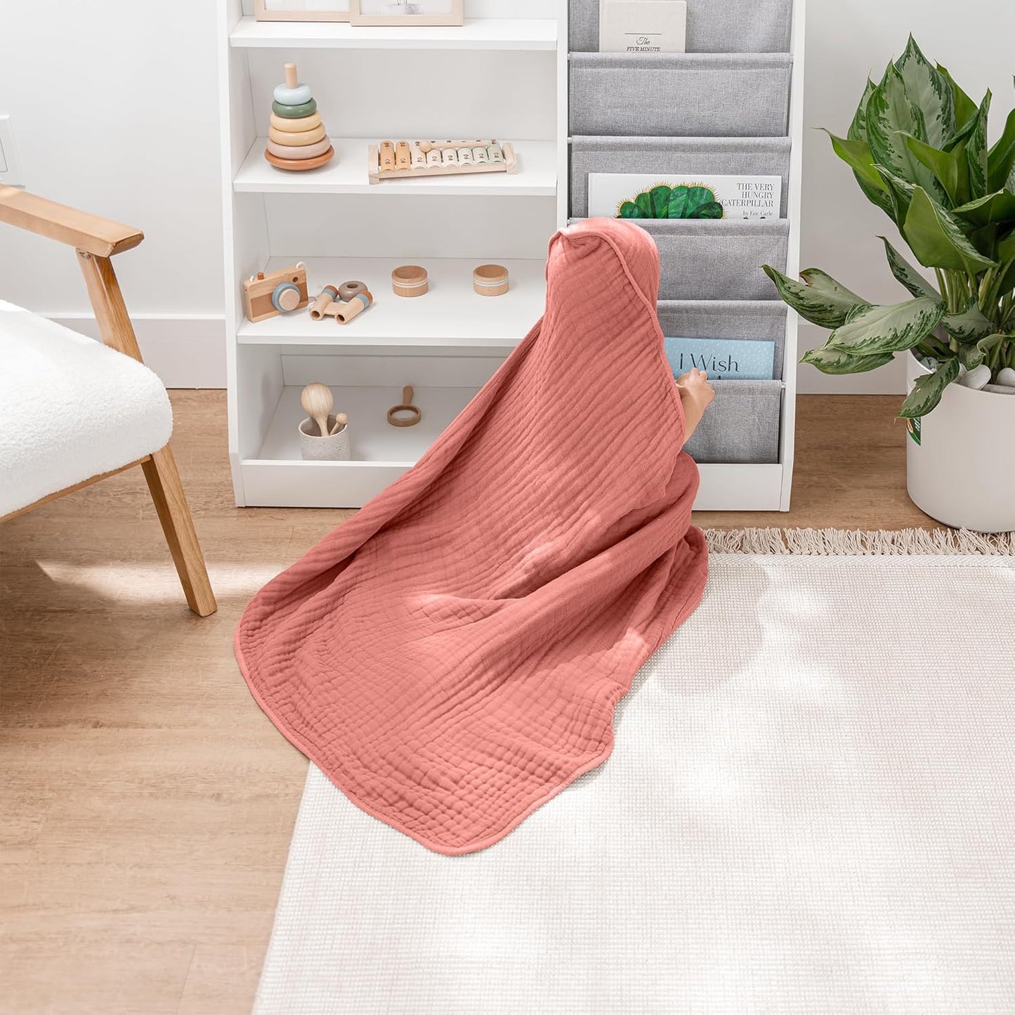 Comfy Cubs Hooded Baby Towel 1-Pack, Large 32 x 32 Inch - 6 Layer 100% Muslin Cotton for Babies, Toddlers and Kids - Soft & Absorbent Baby Bath Towels - Unisex Design for Bath Time - Dusty Rose