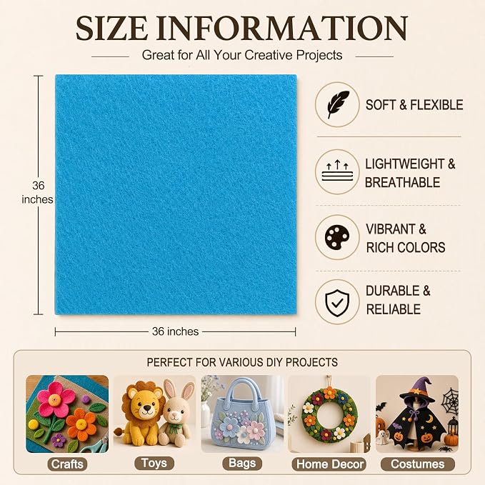 Sky Blue Large Felt Fabric 36" x 36", 1.4 mm Soft Felt Sheet, Nonwoven Fabric