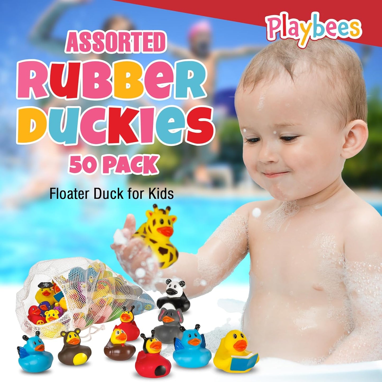 Playbees Rubber Ducks in Bulk 50 Pack Assortment Duckies Kids Baby Bath Shower Toys Jeep Ducking Floater Summer Beach Pool Activity Baby Showers Accessories Classroom Incentives