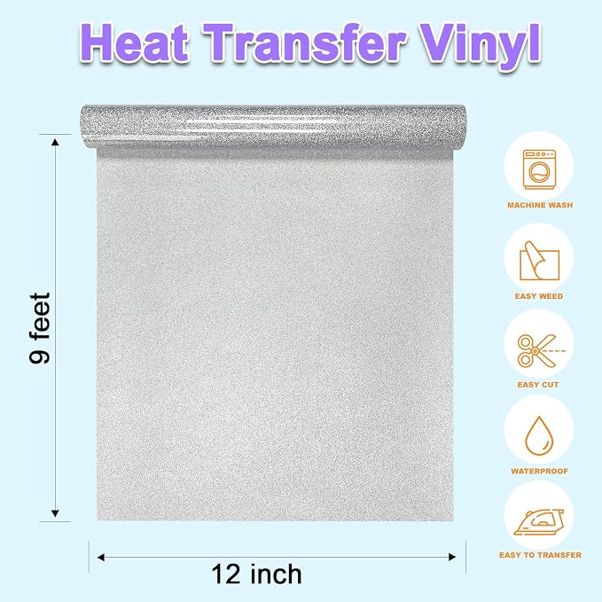 DUEUIOE Silver Glitter HTV Heat Transfer Vinyl Roll