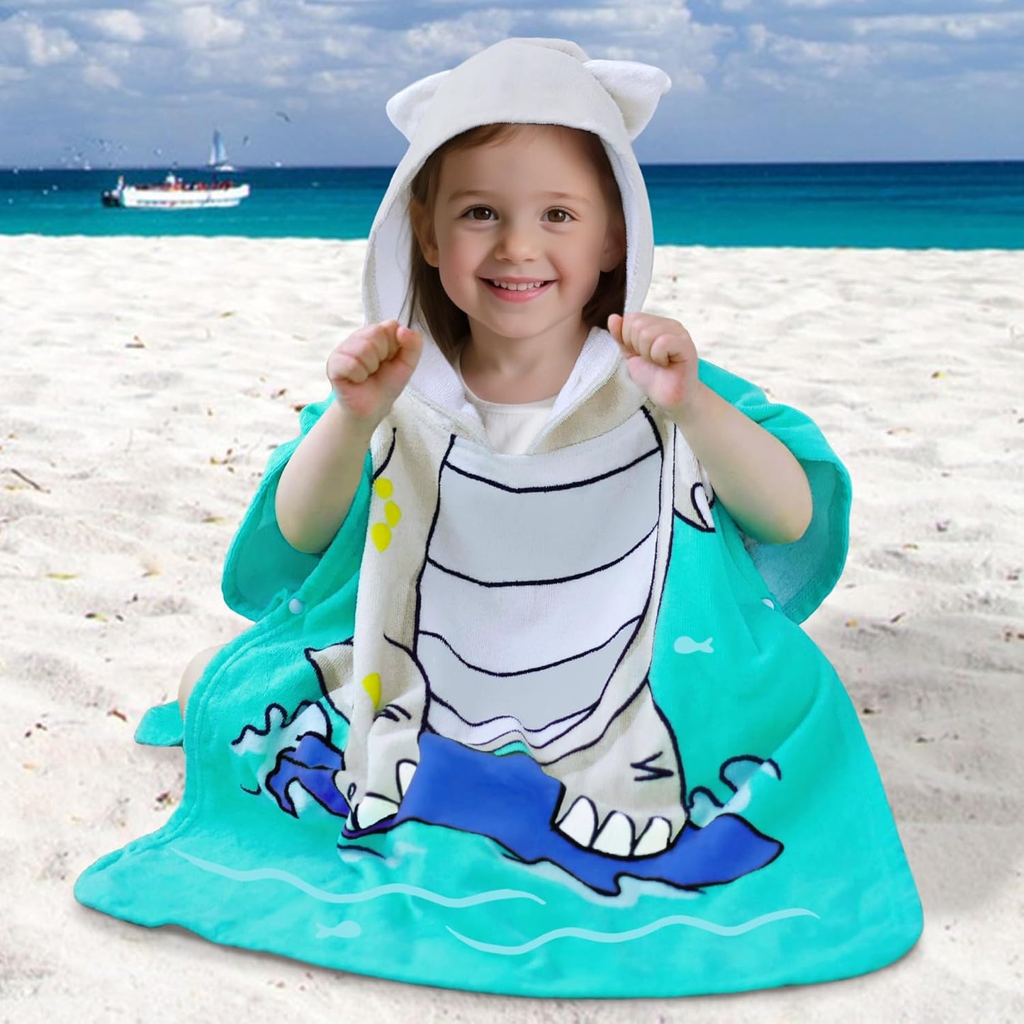 VOOVA & MOVAS Toddler Poncho Towels with Hood, Oversized (2-4Years,22"X22") Made from 100% Soft Cotton,Absorbent Bathrobe for Baby Boys,Perfect for Pool | Swimming | Bath | Beach, Dino