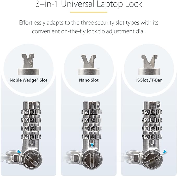 StarTech.com Universal Laptop Lock 6.6ft (2m), Security Cable for Notebooks Compatible with Noble Wedge/Nano/K-Slot, Keyless Combination Locking Cable, Cut-Resistant Cable, TAA (UNIVC4D-LAPTOP-LOCK)