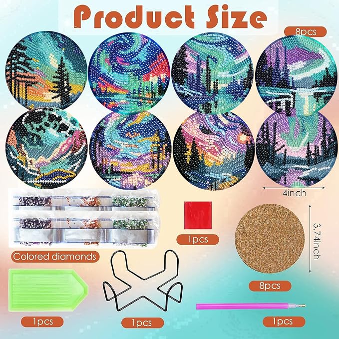 ijbnhd 8 Pcs Aurora Diamond Art Coasters Kits Landscape 4x4 inch | Diamond