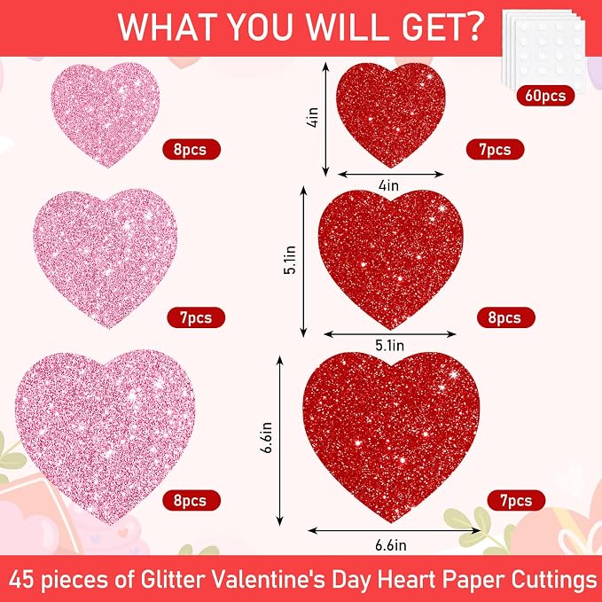 JarThenaAMCS 45Pcs Valentine' s Day Paper Cutouts Red Pink Glitter Heart Shape