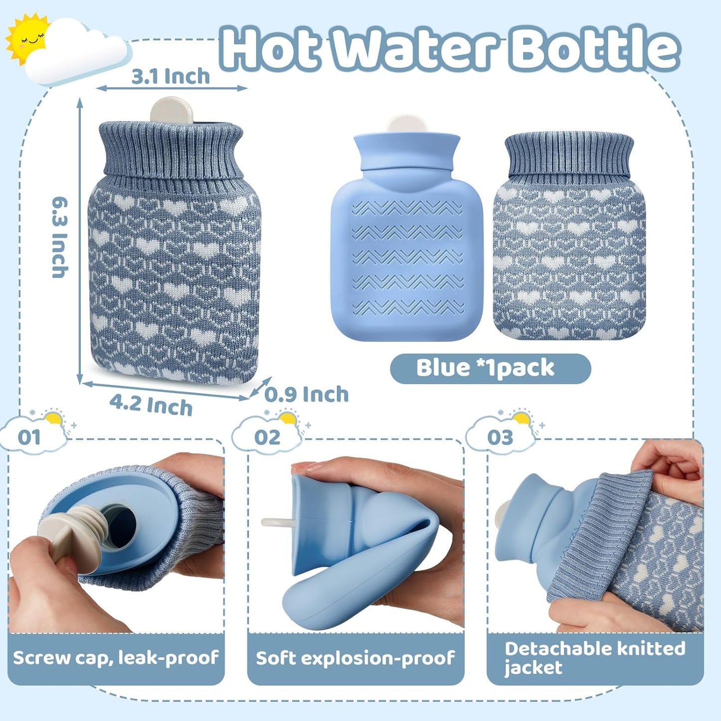 Amylove Mini Hot Water Bottle 320ml for Hot & Cold Compress with Cover Silicone Microwave Heating Small Water Bag for Travel Pain Relief Holiday Gifts(Stone Blue)