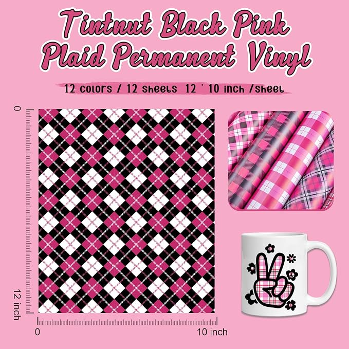 Tintnut Black Pink Plaid Permanent Vinyl, waterproof, easy peel & stick