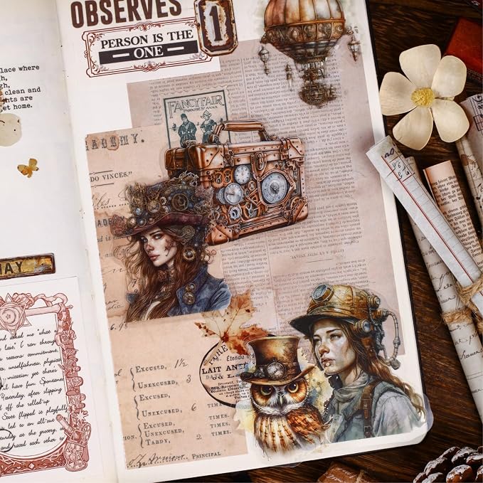 120PCS Steampunk PET Stickers, Mechanical Cats, Planner Collage, Water Bottle
