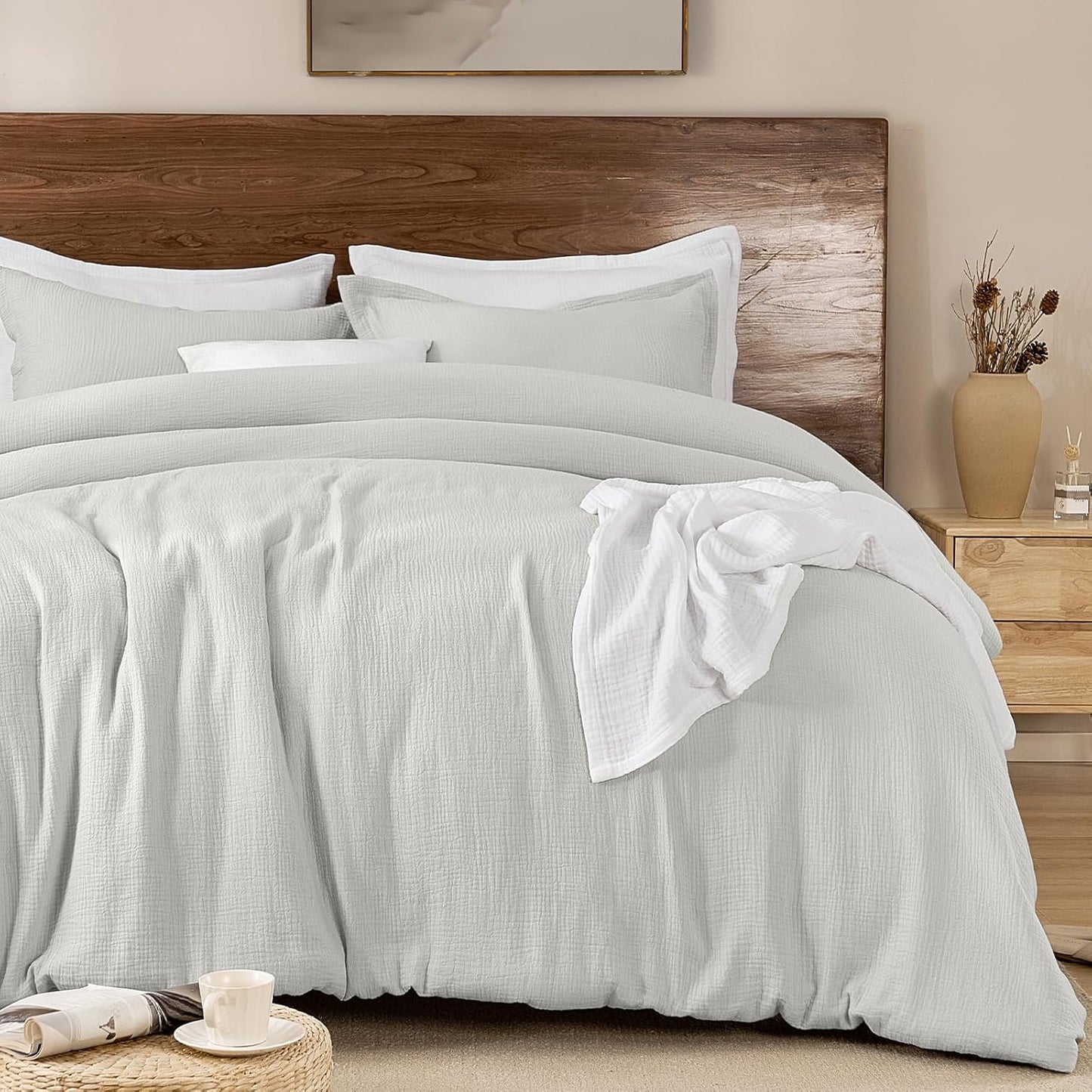 PHF Cotton Muslin Comforter Set King Size – Ultra Soft, Breathable & Lightweight Bedding Set for All Seasons, 3 Pieces - 1 Comfy Comforter 104"x90", 2 Pillow Shams 20"x36", Light Grey