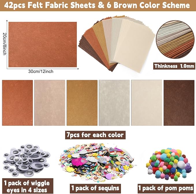 gisgfim 42Pcs Brown Felt Fabric Sheets Craft Kit 8 x 12 Inch Assorted Soft