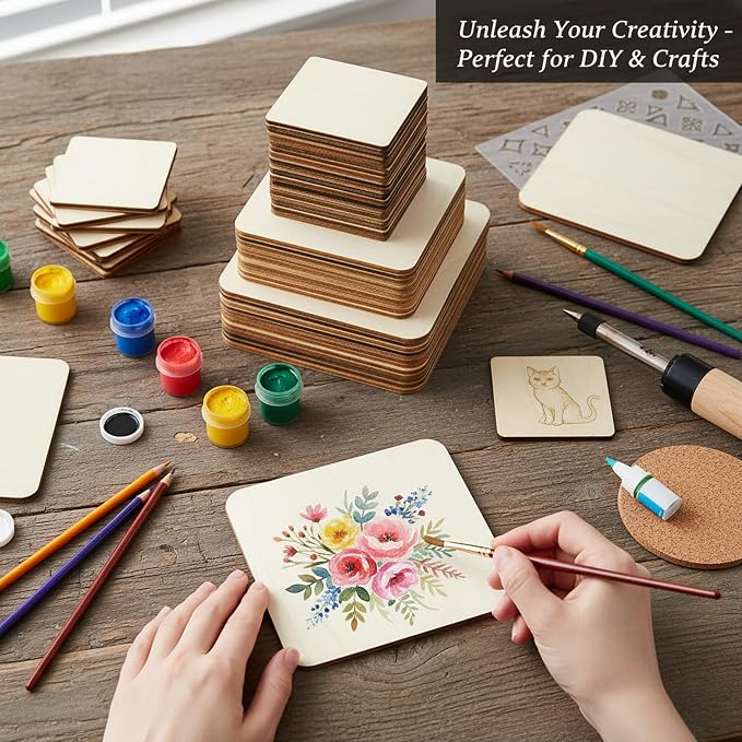 48 Piece Unfinished Blank Wood Sheets, 3 Different Size Wood Square Slices