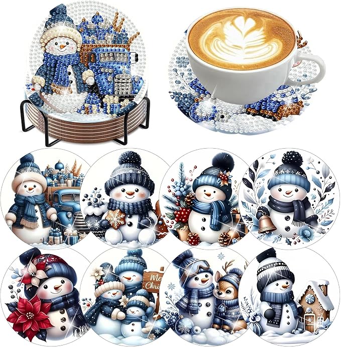 8 Pack Diamond Art Coasters, Christmas Snowman Diamond Painting Coasters |