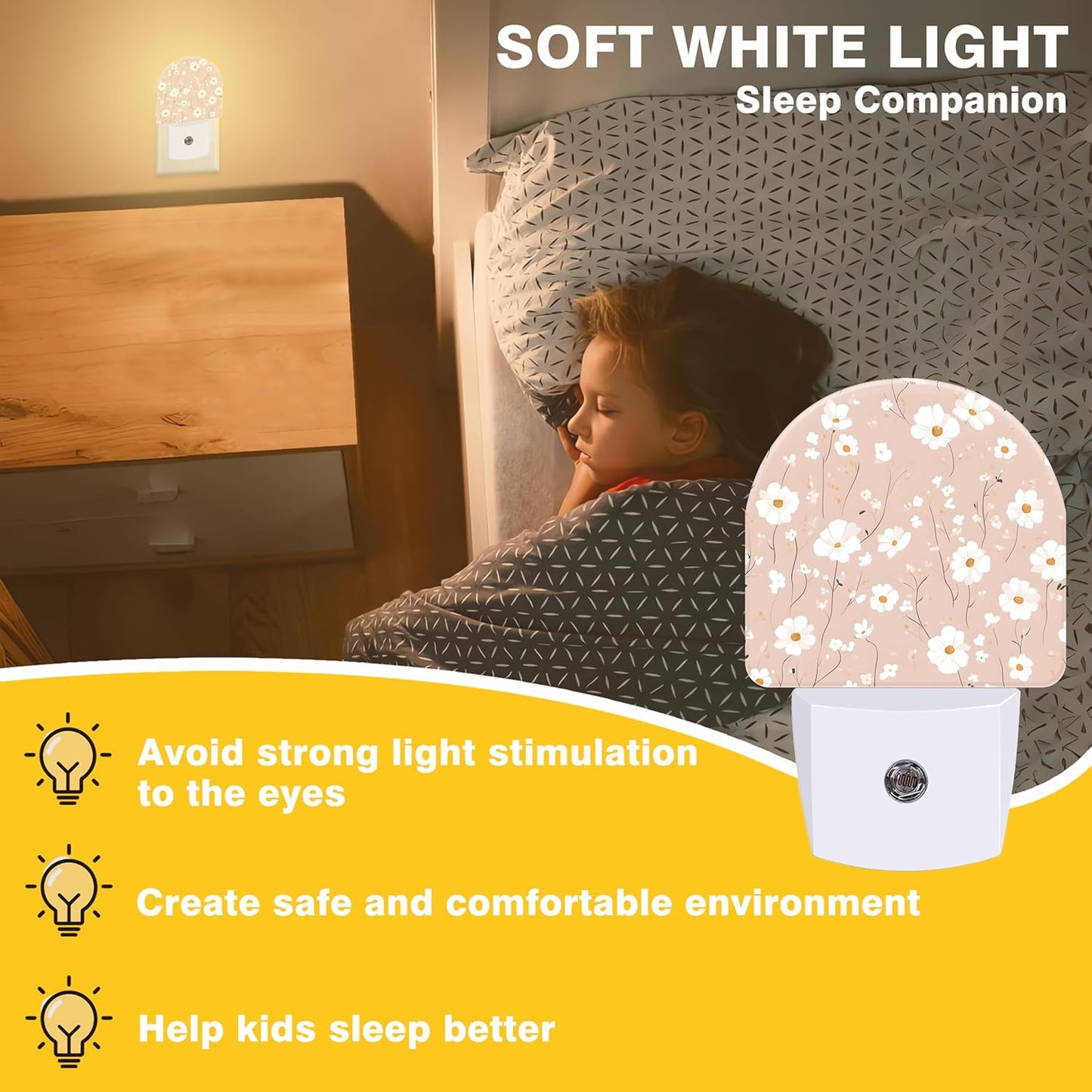 Night Light, Pink and White Flowers Night Lights Plug into Wall Dusk to Dawn Sensor Round Nightlight for Women Men Energy Efficient Led Lamp 0.5W for Stairway Hallway Bedroom