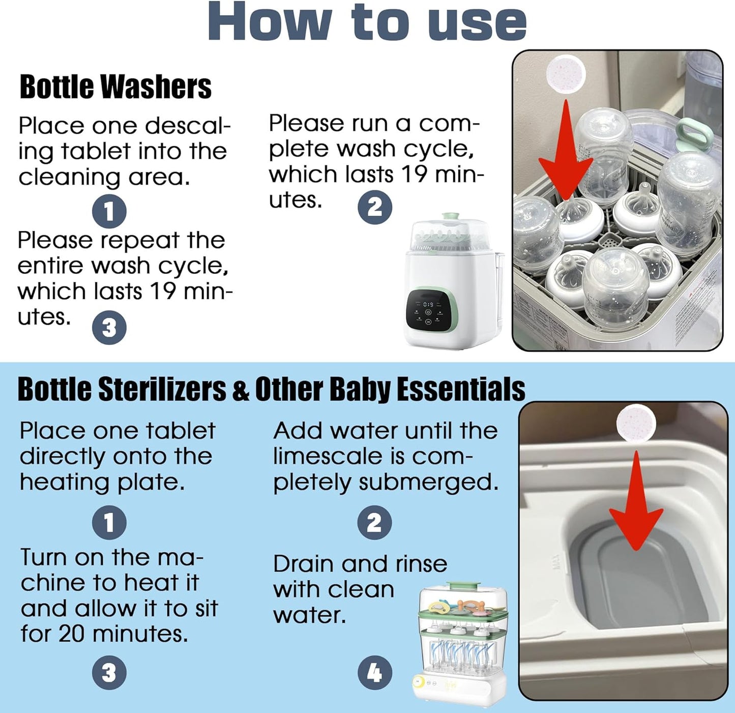 xcivi 40 Count Descaling Tablets Descales Compatible with Momcozy, Baby Brezza Bottle Washer, Descaling Tablets for Milk & Limescale Removal, Effective for Bottle Washer, Warmer, Sterilizer