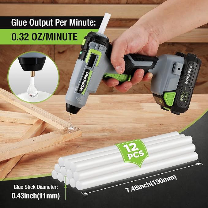 WORKPRO 20V Cordless Hot Melt Glue Gun Kit, 2.0 Ah Li-ion Battery Powered