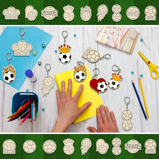 RattanView 24 Pcs Soccer Craft Color Your Own Keychains Diy Craft Wooden Blank
