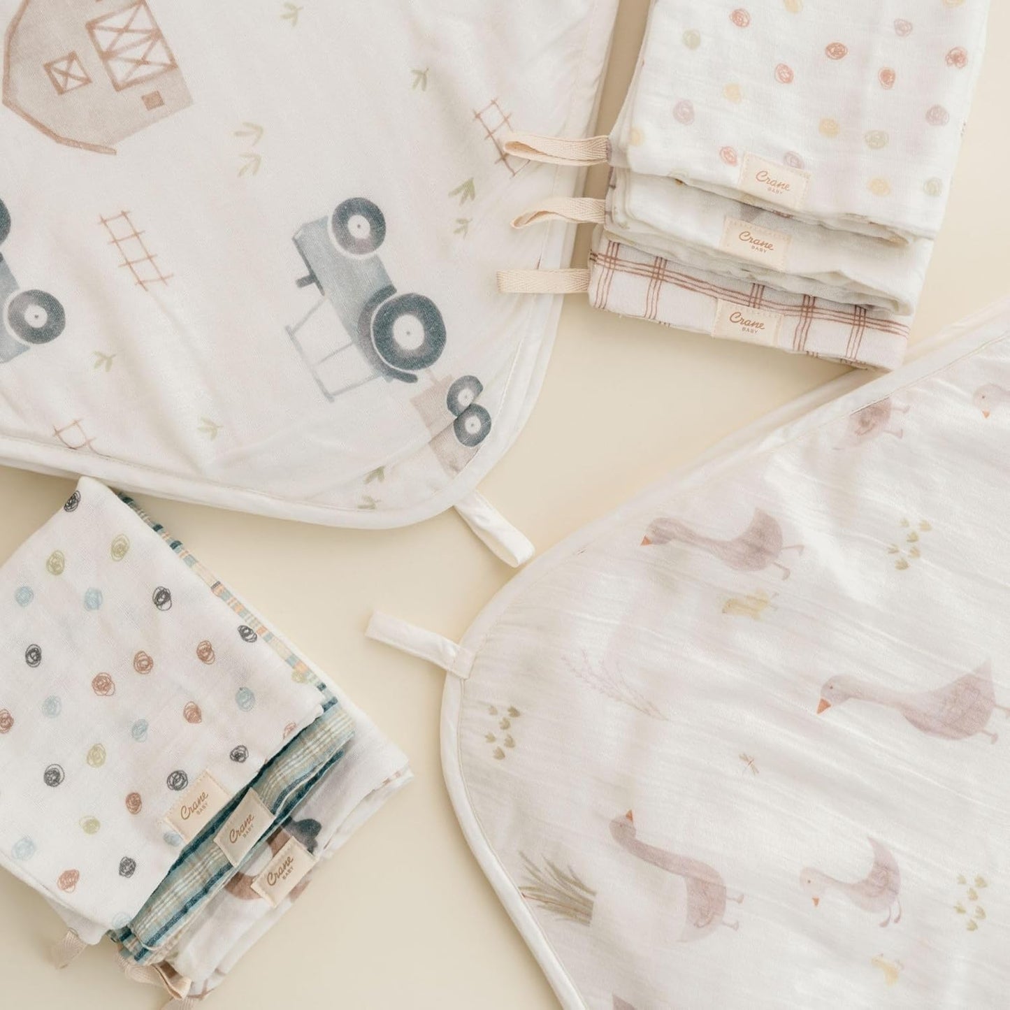 Crane Baby Hooded Towel & Washcloth Set, Charlie Farmhouse Goose Hooded Baby Towels and Washcloths Set, Baby Bath Essentials, Washcloths for Newborn, Muslin Towel for Babies