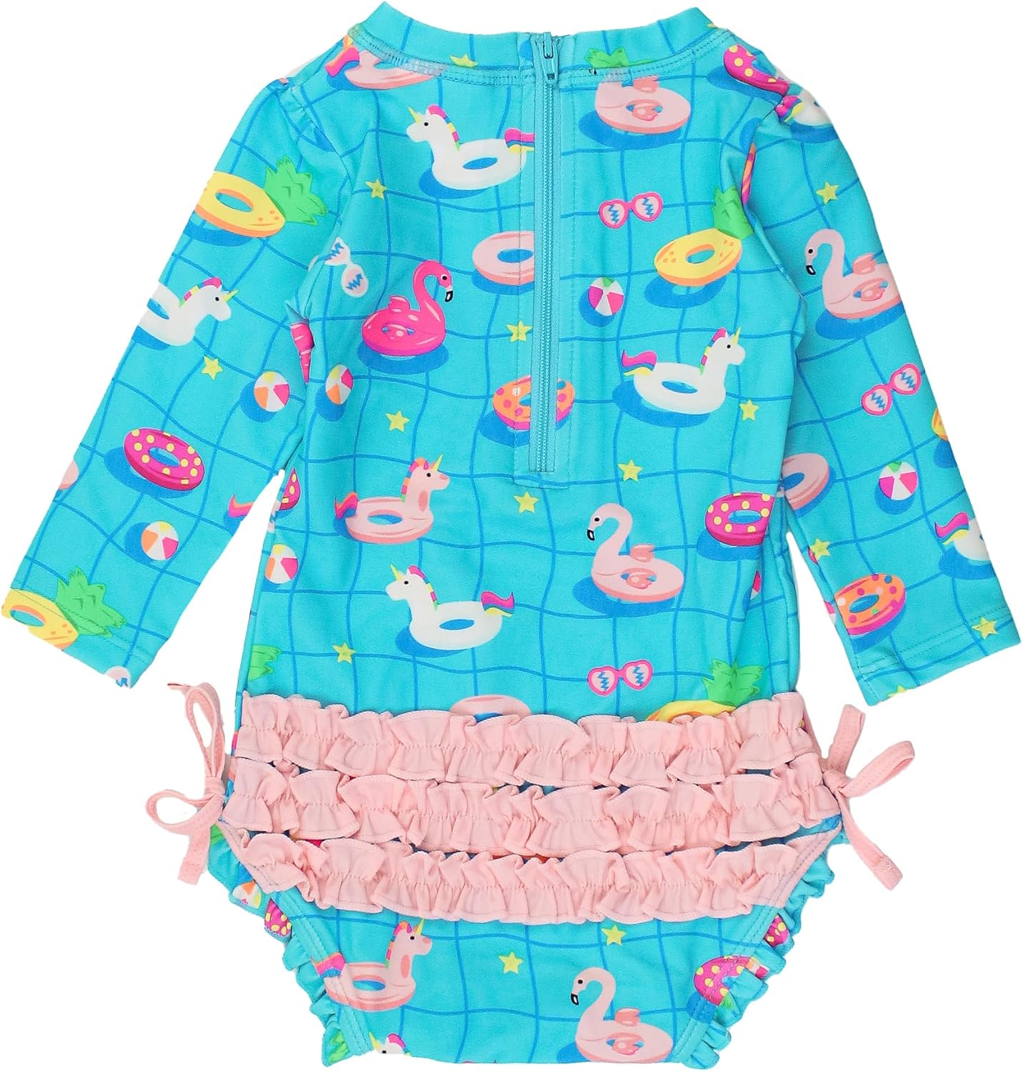 RuffleButts Baby Girls UPF 50+ Sun Protection Novelty Print Long Sleeve One Piece Rash Guard Swimsuit with Zipper