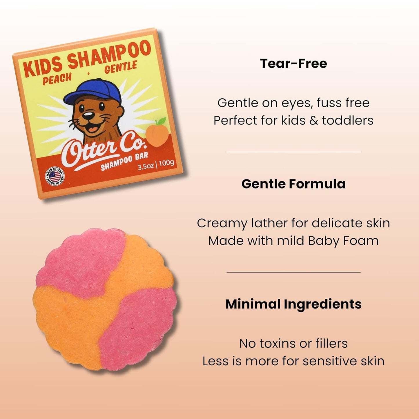 Otter co. Kids Gentle Peach Shampoo Bar – Tear Free Toddler Shampoo – Sulfate Free & Non Toxic – Made with Organic Ingredients – Vegan, Cruelty Free, Natural & Hydrating for All Hair, Made in USA
