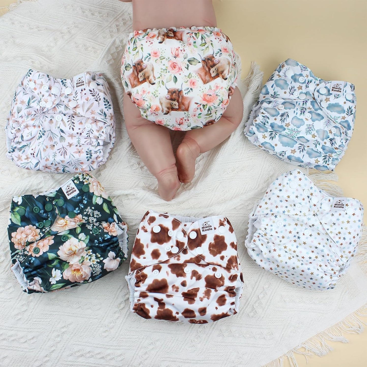 Mama Koala 3.0 Pocket Cloth Diapers for Babies with AWJ Lining, 6 Pack with 6 5-Layer Natural Cloth Diaper Inserts - Reusable and Washable Pocket Diapers(A-A Special Set)
