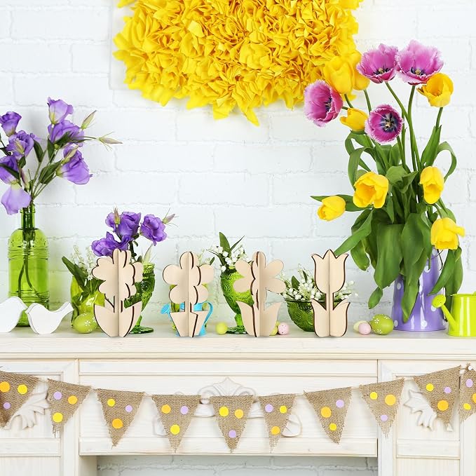 COCHIE DIY 3D Flower Spring Wood Crafts to Paint, Paintable Unfinished Wooden