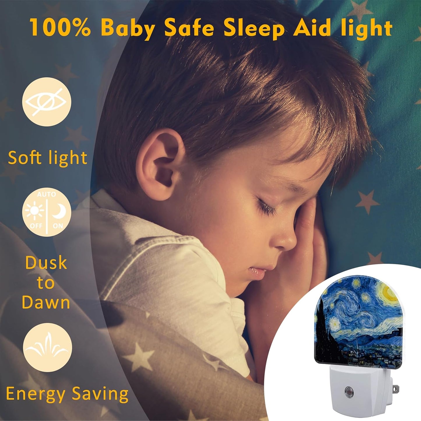 Starry Night Night Light Plug into Wall, Impressionist Oil Painting Dusk to Dawn Night Light Plug in,0.5w Energy Saving Sleep Friendly NightLight for Kids Boys Girls Home Decor