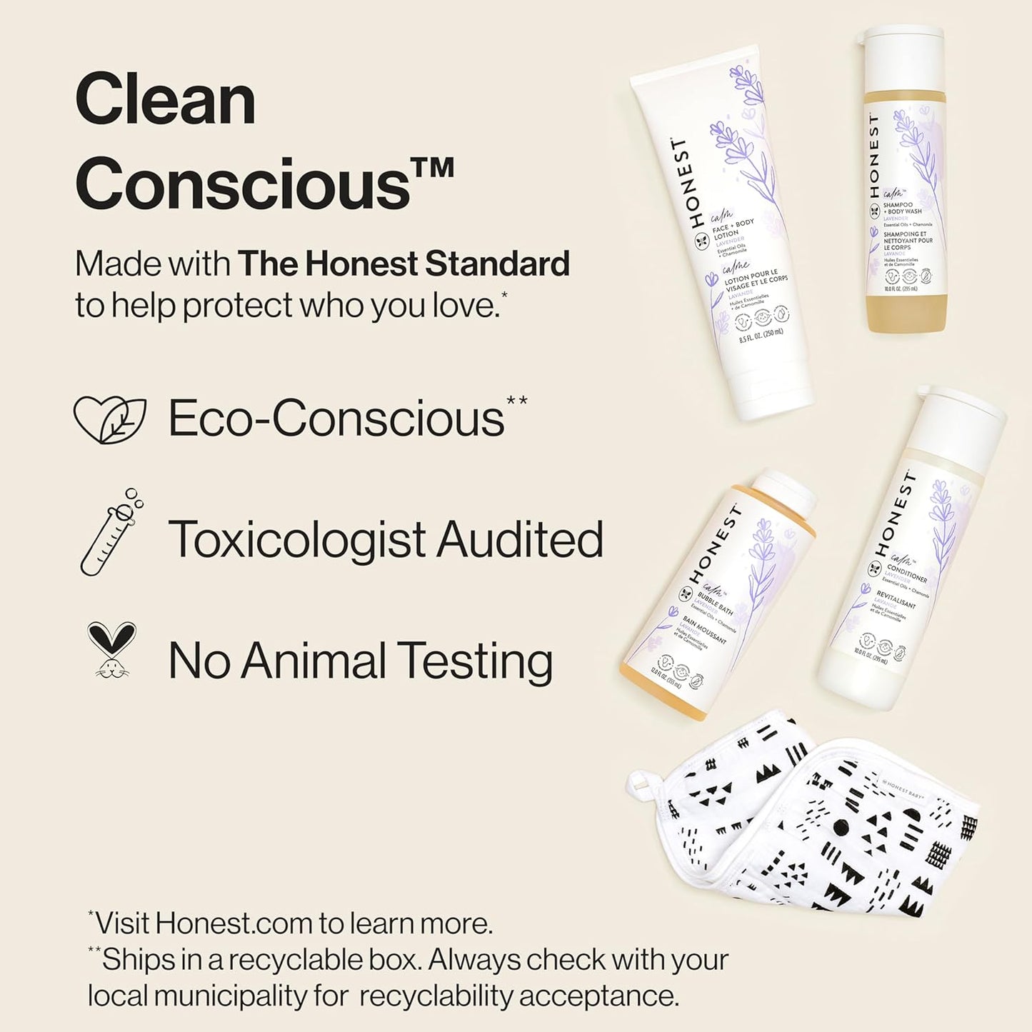 The Honest Company Calming Lavender Bathtime Gift Set Hypoallergenic Bath Essentials for Sensitive Baby Skin Shampoo and Body Wash Face and Body Lotion Bubble Bath Conditioner Wash Cloth